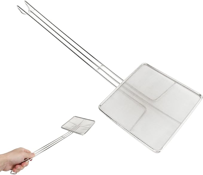 Square Strainer Skimmer, Stainless Steel Square Fryer Skimmer Ladle with Long Handle and Hanging Hook for Kitchen Deep Fryer, Pasta, Noodle(Fine mesh)