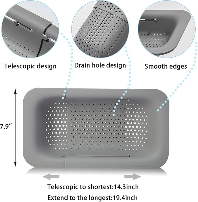 Collapsible Sink Colanders and Strainers Basket Over the Sink Colander Collapsible Colander Extendable Plastic Fruit Vegetable Strainer Drainer Basket for Kitchen (Length 14.3 inch-19.4 inch) (Gray)
