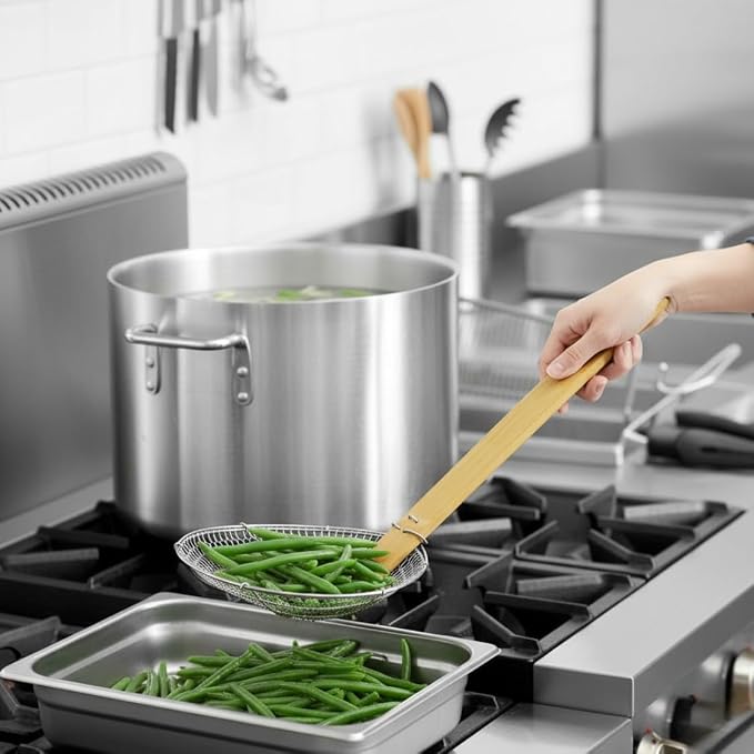 TrueCraftware- 8” Fine Mesh Skimmer Galvanized Steel with Natural Bamboo Handle- Spider Strainer Ladle Kitchen Frying Food Pasta Spaghetti for Cooking and Frying Pasta Strainer Spoon