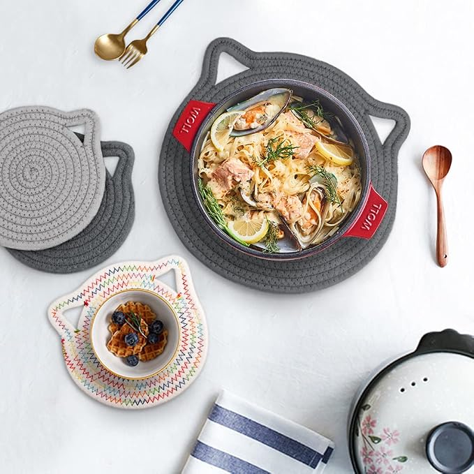 7" Pure Cotton Trivets Set with 0.35" Thick (3 Pcs, Grey) | Tightly Woven, Machine Washable, Heat Resistant, Cute Cat Kitchen Accessories for Hot Dishes Pots Pans, Decor, Gift