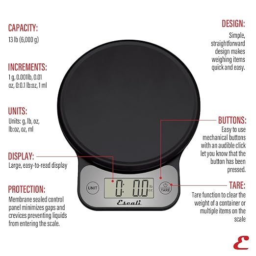 Escali Telero Digital Food Scale, Multi-Functional Kitchen Scale, Precise Weight Measuring and Portion Control, 7.62 x 6.1 x 1.28 inches, Black (T136)