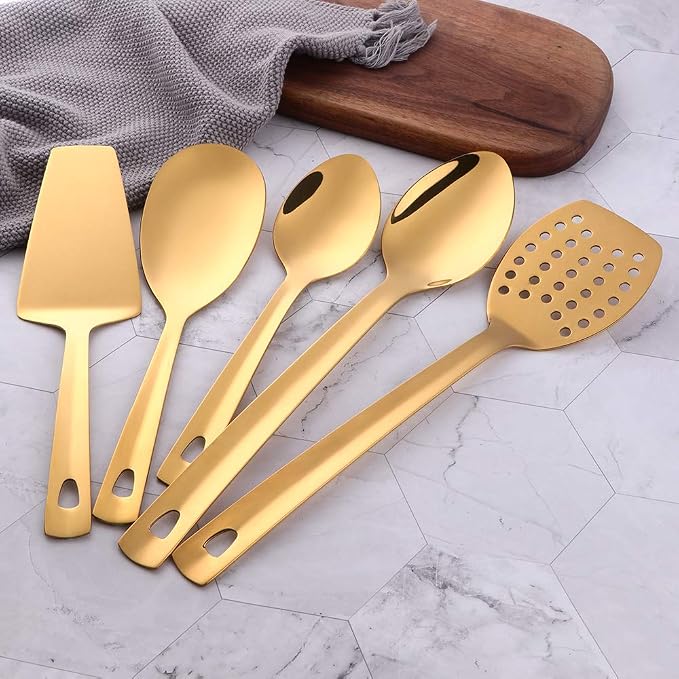 12 Pcs Cooking Utensil Set, Stainless Steel Gold Titanium Plated Cookware Sets with Public Fork/Spoon, Cake Shovels, Spatula, Ladles, Solid Spoon, Slotted Spoon, Pasta Server, Kitchen Tool Gadget