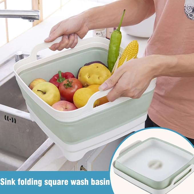 ddLUCK Dish Basin Collapsible with Drain Plug Carry Handles for 9L Large Capacity, Washing Basin, Collapsible Dish Tub for RV Sink, Vegetable, Fruit, Food Sink Strainer Dish Washing Tub - Green