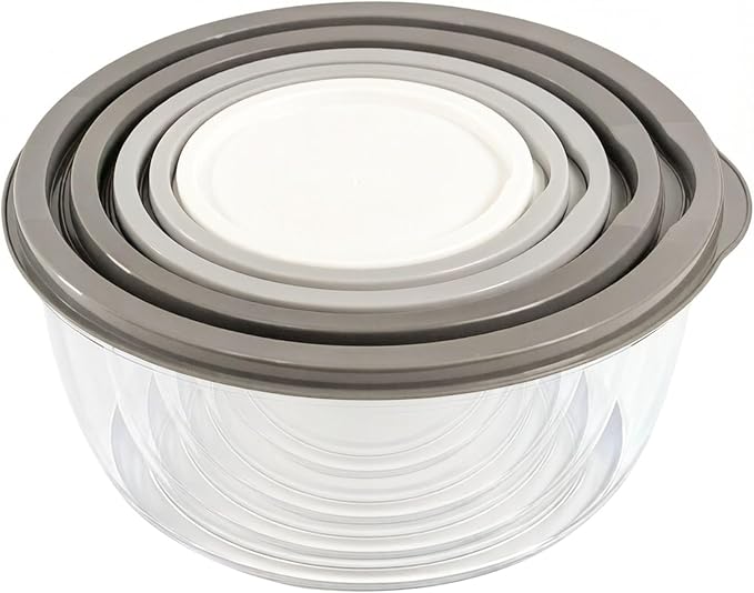 5-Piece Plastic Mixing Bowl Set with Lids for Kitchen, Nesting Kitchen Bowl Set for Mixing Baking, Prepping, Cooking & Food Storage Microwave Safe (Grey)