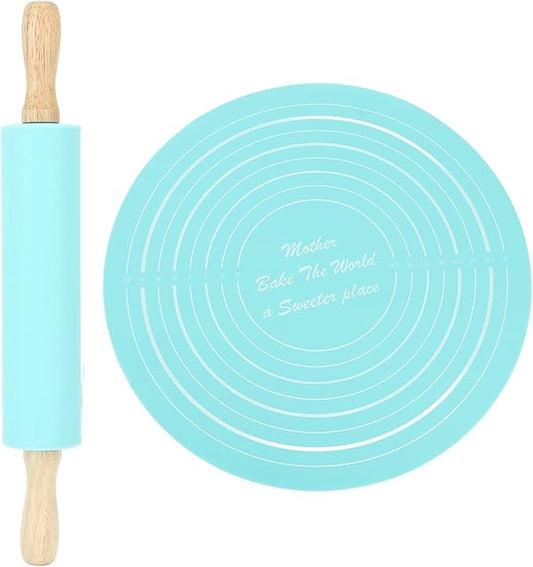 13.2in Rolling Pin Pastry Baking Mat 11.8x1.8in Large Silicone Rolling Pin Kneading Pad Baking Tool for Kitchen Restaurant School Use (Blue)