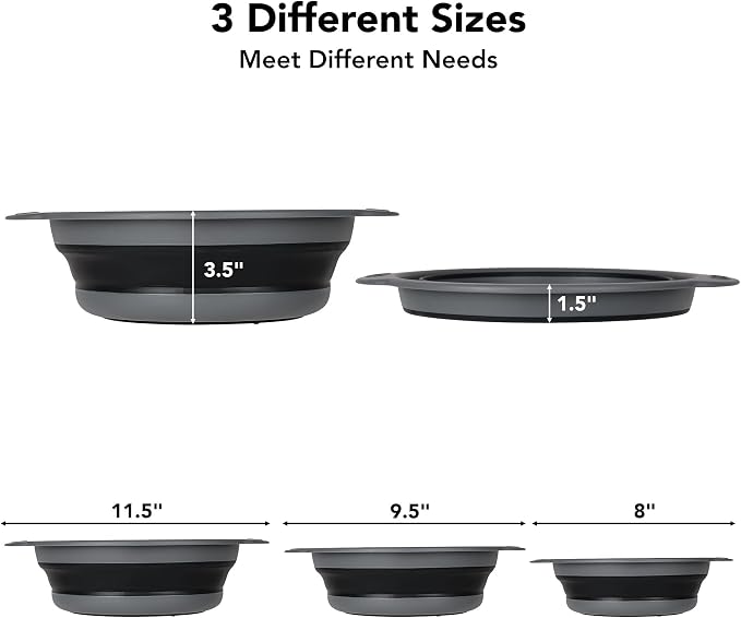 Collapsible Colander Set of 3 with Kitchen Counter Self-draining Base, Round Silicone Food Foldable Strainer for Cooking Pasta, Vegetables and Fruit (3QT, 4QT and 5QT), Black