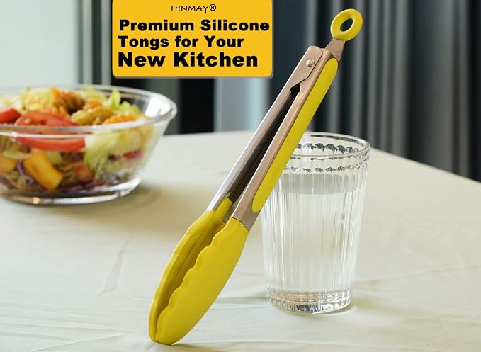 HINMAY Silicone Tipped Tongs 9" Kitchen Cooking Tongs, Set of 3 (Yellow)