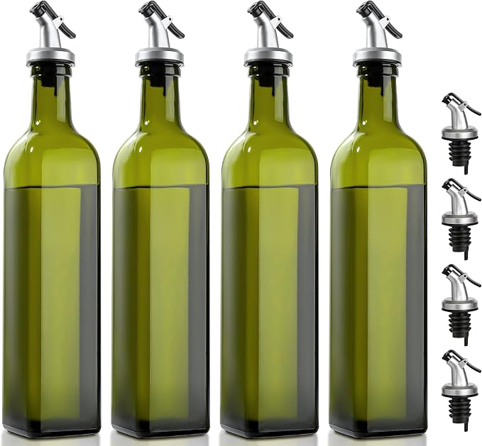 gmisun Olive Oil Dispenser Bottle 4 Pack, Olive Oil Dispenser for Kitchen 17oz, Glass Cooking Soy Sauce Bottle Container Cruet with Plastic Pourer Spout, Green