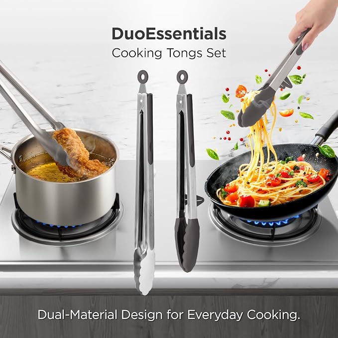 Kitchen Mama DuoEssentials Cooking Tongs Set, Metal Gray | 12" Silicone Tip & 14" Stainless Steel, BBQ Grill Tongs, Locking Ring, Heat Resistant, Non Stick & Dishwasher Safe