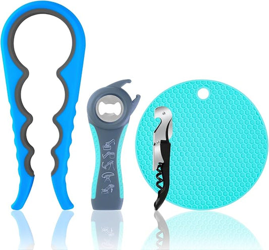 Bloss Jar Opener Can Opener Kitchen Grippers, Multi-use Lid Opener Set | Anti-skid Jar Openers for Weak hands, Seniors with Arthritis, Includes Non-slip Rubber Gripper Pad & Wine Opener, Blue