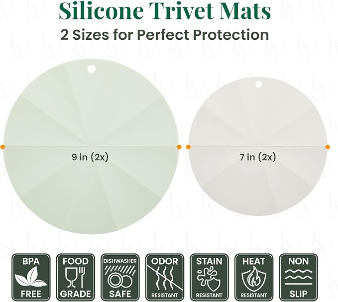 Larder & Vine Silicone Trivets for Hot Pots and Pans | Set of 4 Round Hot Pads for Kitchen | 7” & 9” Trivets for Hot Dishes | Heat-Resistant Silicone Mats for Kitchen Counter | Sage/French Gray