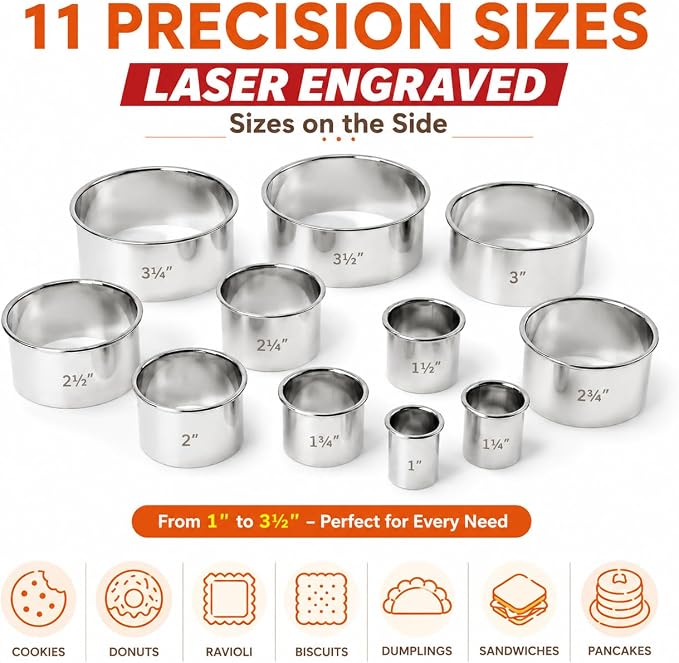 HUJI Round Pastry Dough Cutter Set For Baking Cookies Biscuits Donuts Scones Heavy Duty (1 Pack, Set of 11 Round Cutters)