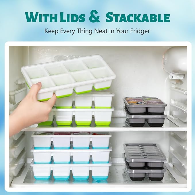 Large Ice Cube Trays with Lid, Jrisbo 2 Pack Stackable Silicone Ice Cube Molds for Freezer, Easy Release 16 Big Square Ice Trays for Whisky Cocktails (2 Black2 Gray)