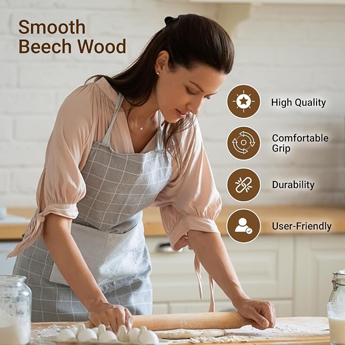 Dexam Beech Wood Rolling Pin 40cm - Smooth, Durable Wooden Roller for Baking Pastry, Dough, and Cookies - Perfect for Professional and Home Kitchens, Beige