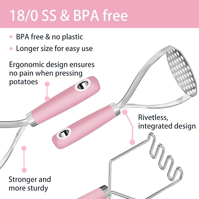 18/0 Stainless Steel Pink Potato Mashers, 10.7-in Kitchen Masher Tool for Avocado Vegetable Sauce Butter, Heavy Duty, Dishwasher Safe, Pack of 2