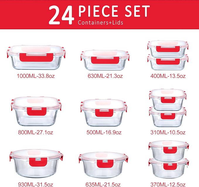 M MCIRCO 24 Piece Glass Food Storage Containers with Lids, Red | Glass Meal Prep Containers,Airtight Lunch Containers with Lids, Microwave, Oven, Freezer and Dishwasher Friendly, BPA Free
