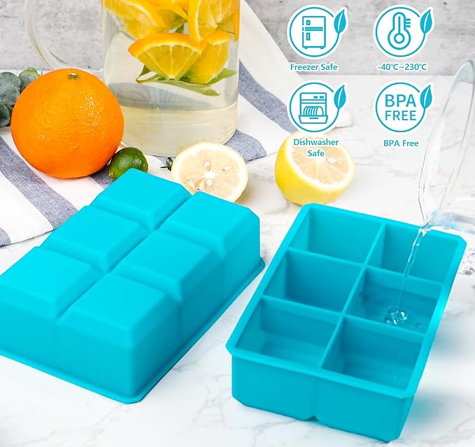 Webake 2 Inch Large Ice Cube Tray, Flexible Ice Mold Silicone Big Ice Cube Trays for Whiskey Cocktails and Treats, BPA Free Blue Square Silicone Mold Pack of 2