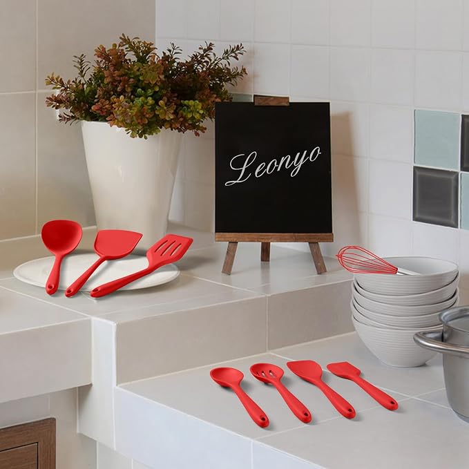 Silicone Cooking Utensils Set of 10, Kitchen Utensils Set for Cooking, 446°F Heat Resistant Silicone Kitchen Tools with Turner Spatula, Soup Ladle, Serving Spoons, Tongs for Nonstick Cookware - Red