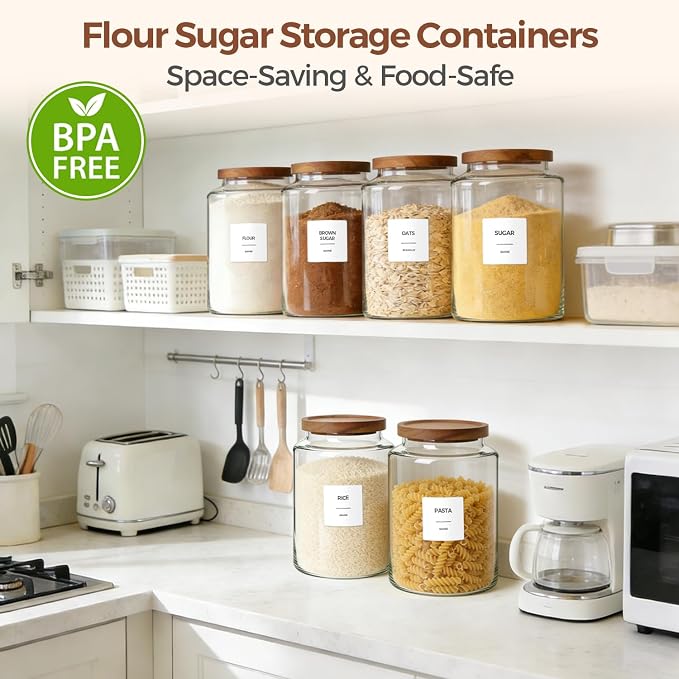 ComSaf Flour Storage Containers with Acacia Wood Lids 1Gallon 2Pack | 4.2Qt Large Glass Jar, for Cooks, Flour Cereal Rice Oats, Kitchen Pantry, 4.4in Wide Mouth, Canister with Scoops & Labels