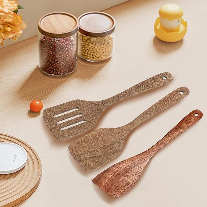 3 Pack Wooden Spatula for Cooking 12 Inches Paddle, Turner, Slotted Spatula, Cooking Utensils for Nonstick Cookware, Kitchen for Fish, Eggs, Pancakes