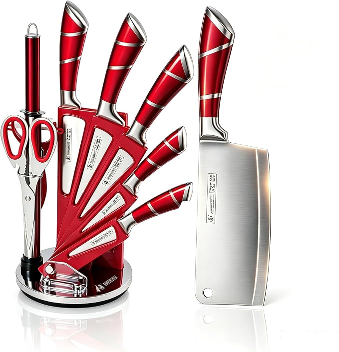 Kitchen Knife Set, 9Pcs Red Knife Set with Rotation Block, Ergonomical Handle,Non Stick Sharp Stainless Steel Chef Knife Block Set for Home Cooking Gift