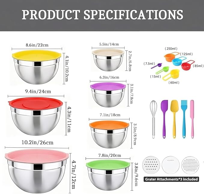 Mixing Bowls with Lids Set(Colorful-7 Sizes) | Stainless Steel,7 Sizes (0.7-4.5QT), with 3 Grater Attachments, Nesting, Dishwasher Safe, for Cooking, Baking and Serving