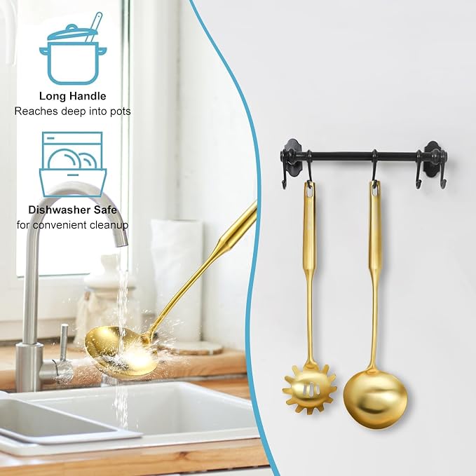 Gold Soup Ladle - Stainless Steel Ladle Spoon, Perfect Gifts | 13.8"Large Soup Spoons [Integral Forming, Heat Resistance] Kitchen Metal Ladel for Cooking, Serving, Stirring, Wok & Soup