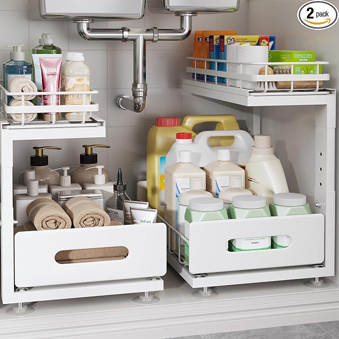 Under Sink Organizer Upgrade To Professional Rails,2-Tier Dual Pull Out Cabinet Storage,Height Adjustable Slide Out Drawers For Bathroom Kitchen,2 Pack-14.5" Dx12.8-16.9" H,White