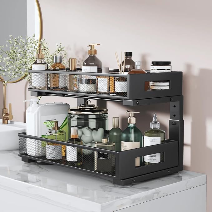 2 Packs 19IN Depth Under Sink Organizer, 2-Tier Pull Out Cabinet Organizer With Smooth Circular Rail, Large Capacity Metal Mesh Sliding Drawers For Bathroom& Kitchen Storage,Height Adjustable –Black