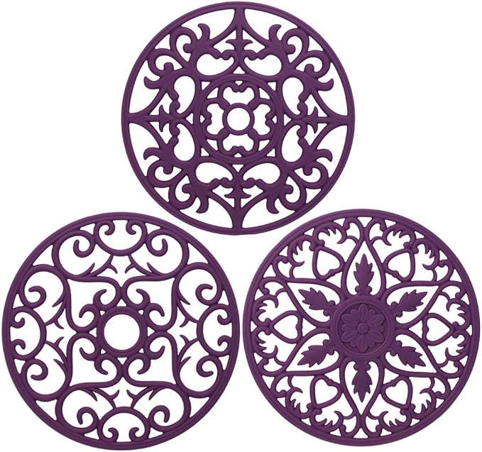 ME.FAN Trivets for Dishes/Pots/Pans, 3 Pcs Silicone Mats, Flexible/Durable/Non Slip Hot Pads to Protect Table and Counter Top (Purple)