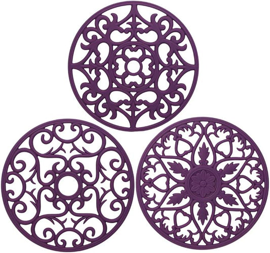 ME.FAN Trivets for Dishes/Pots/Pans, 3 Pcs Silicone Mats, Flexible/Durable/Non Slip Hot Pads to Protect Table and Counter Top (Purple)