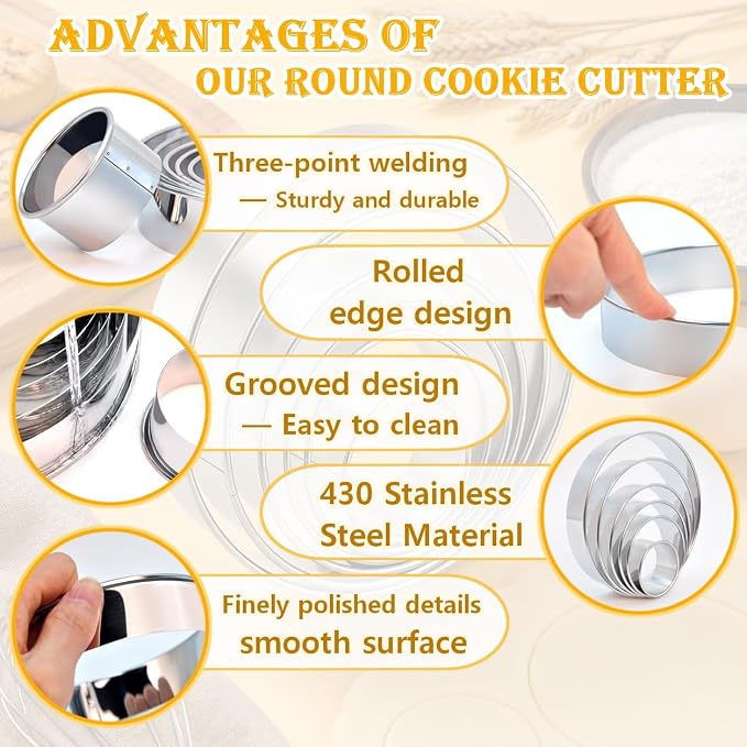 6 PCS Round Cookie Cutters (2, 3, 3.5, 4, 5, 6 Inch), Stainless Steel Biscuit Cutters For Baking, Large Circle Cookie Cutter for Baking, Pastry, Donuts, Fondant, Sandwich