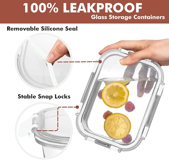 Razab 30 PC Glass Food Storage Containers with Lids - Reusable Glass Meal Prep Containers for Lunch and Leftovers - Airtight & Leakproof Snap Locking Lids - Oven, Freezer, Microwave, Dishwasher Safe