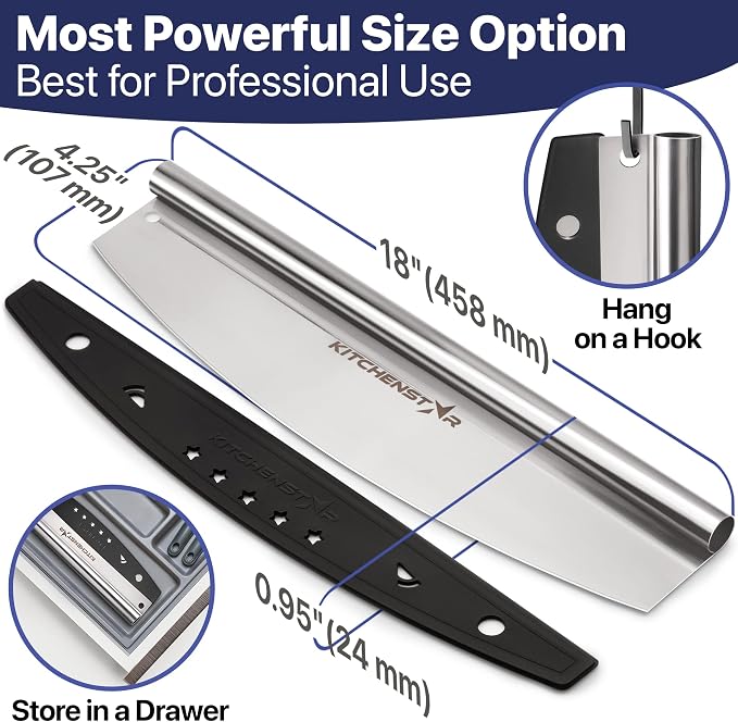 18-Inch Pizza Cutter Rocker Blade, 304 Stainless Steel Slicer Knife, Silver | Protective cover included, one-piece design, food-grade stainless steel, suitable for extra large pizzas