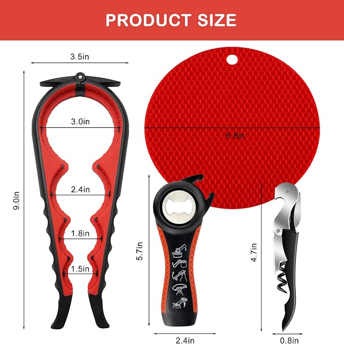 Jar Opener for Weak Hands, Seniors with Arthritis, 5 in 1 Multi Function Bottle Opener Lid Opener For Arthritic Hands with Non Slip Rubber Jar opener Gripper Pad and Corkscrew Wine Opener(RED)