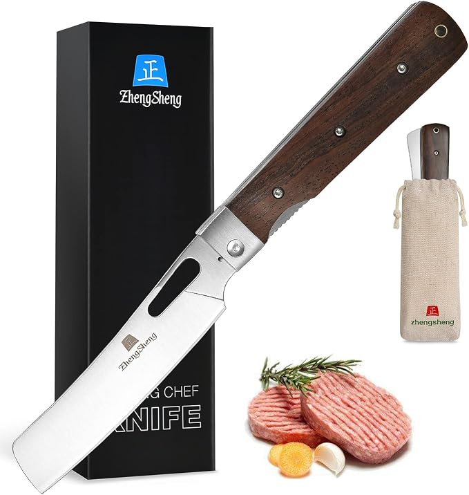 ZhengSheng Folding Chef Knife 4.8" Sharp 440A Stainless Steel Blade Wooden Handle Pocket Foldable Japanese Style Kitchen Knife for Outdoor Camping Cooking