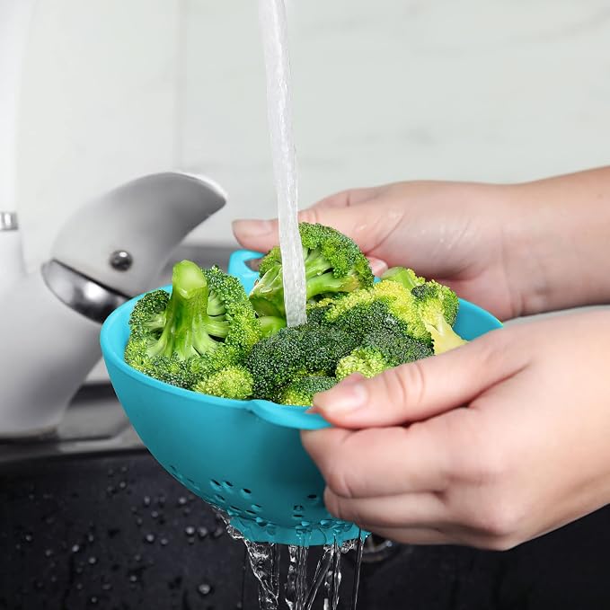 Meadow Lane 6-inch Small Colander, BPA-Free, Dishwasher Safe, Double Handles, Compact Food Strainer for Berries, Veggies and Pasta, 3-Cup Capacity, Light Blue