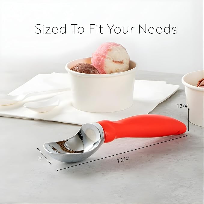Restaurantware Comfy Grip 7.9 x 2 Inch Kitchen Ice Cream Scoop 1 Heavy-Duty Ice Cream Disher - Ergonomic PP Handle Dishwashable Red Metal Ice Cream Spade With Lid Opener Notch Multi-Use