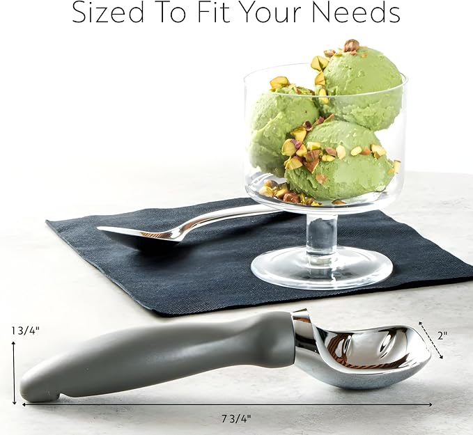 Restaurantware Comfy Grip 7.9 x 2 Inch Kitchen Ice Cream Scoop 1 Heavy-Duty Ice Cream Disher - Ergonomic PP Handle Dishwashable Gray Metal Ice Cream Spade With Lid Opener Notch Multi-Use