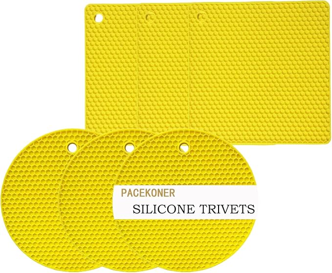 6-Pack Silicone Trivet Mats, Heat Resistant Hot Pads, Dishwasher Safe Kitchen Mats, BPA-Free Pot Holders for Table, Countertop, Stove, Honeycomb Design (Yellow, 7” Square/Round)