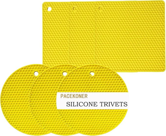 6-Pack Silicone Trivet Mats, Heat Resistant Hot Pads, Dishwasher Safe Kitchen Mats, BPA-Free Pot Holders for Table, Countertop, Stove, Honeycomb Design (Yellow, 7” Square/Round)