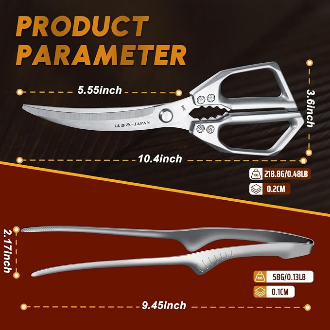 HUUSK Kitchen Scissors and Cooking Tong Set - Silver Kitchen Shears for Food with Stainless Steel BBQ Tongs, Japanese Style Dishwasher Safe Meat Scissors for All Purpose, Gifts for Men Women