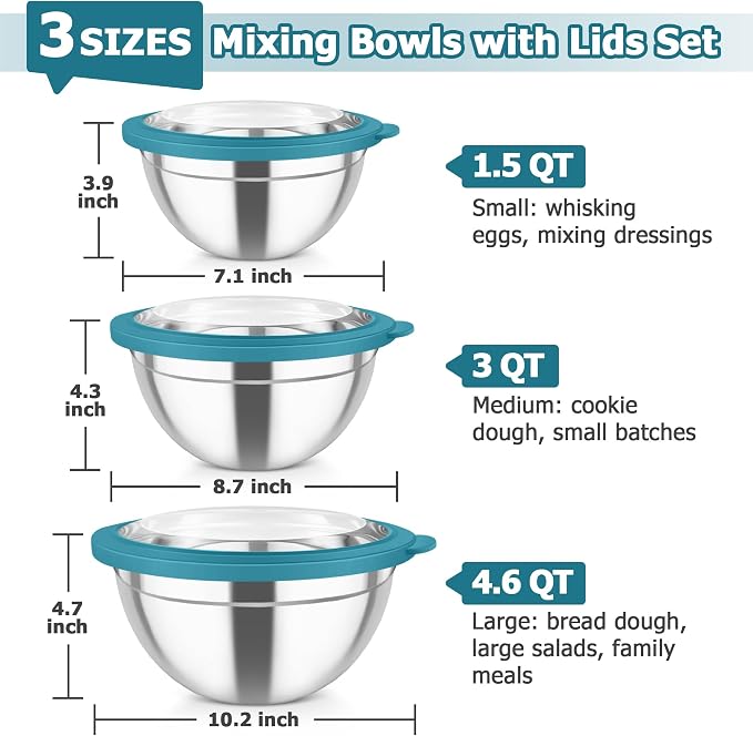 TeamFar Mixing Bowl Set, 4.5/3/1.5 QT Stainless Steel Nesting Salad Bowls with Airtight Lids, For Serving/Mixing/Storing/Prepping, Non-Toxic & Sturdy, Visible & Easy Clean, Dark Blue, Set of 3
