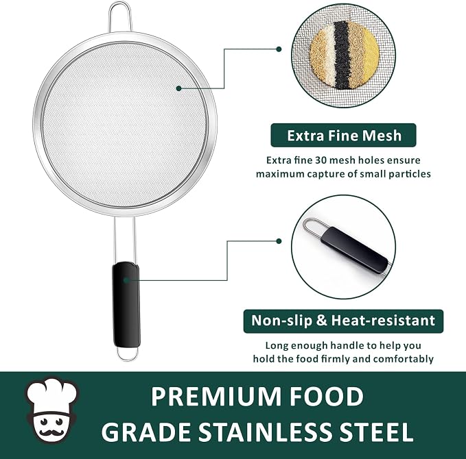 Yimi Fine Mesh Strainers Skimmers Set of 4, Stainless Steel Sieve Strainer Wire Sifter Colanders with Anti-Scald Handle,Kitchen Utensil Ideal for Strain Pasta Quinoa Rice, Ideal for Gift