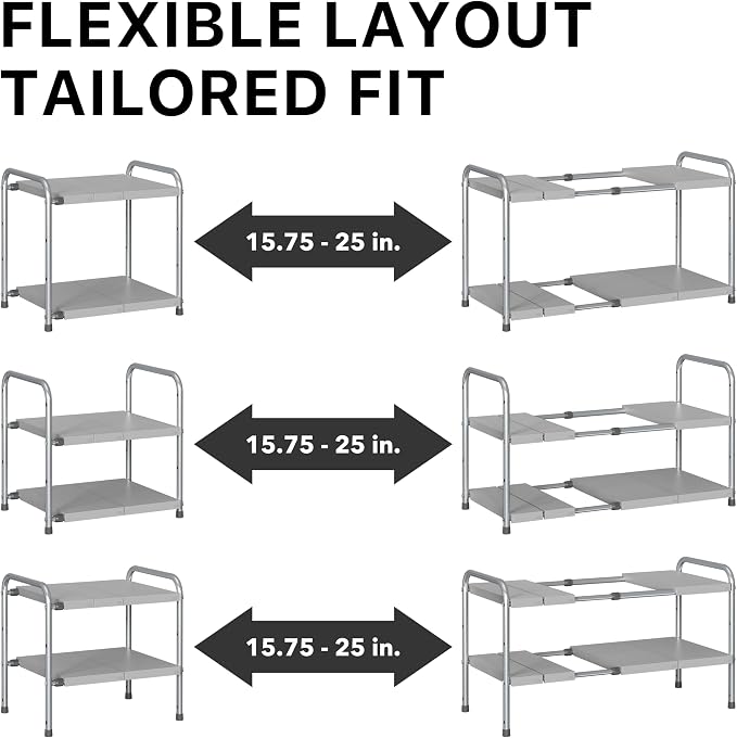 Simple Houseware Under Sink 2-Tier Heavy Duty Expandable Organizer, Silver | Adjustable Width 15.75–25 Inches with 4 Shelf Height Levels