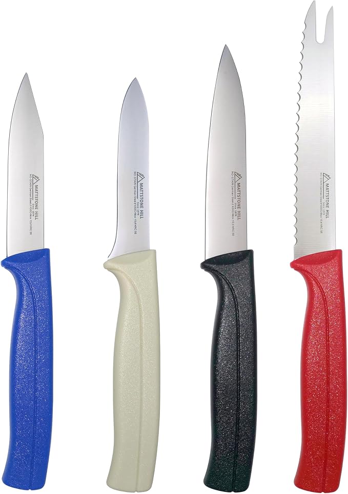Paring Knife Set, MATTSTONE HILL Kitchen Prep Knife Set -Peeling Knife, Serrated Tomato Knife, Kitchen Utility Knife, Paring Knife, German Steel, Blue, White, Black, Red