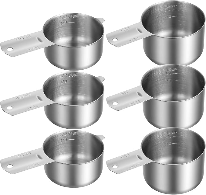 6 Pcs Stainless Steel Measuring Cup Set Includes 3 Pcs 1Cup (240ml, 8oz) & 3 Pcs 1/2Cup (120ml, 4oz) Metal Measure Scoop with Etched Inner Scale, Metric and US Measurement, Dishwasher Safe