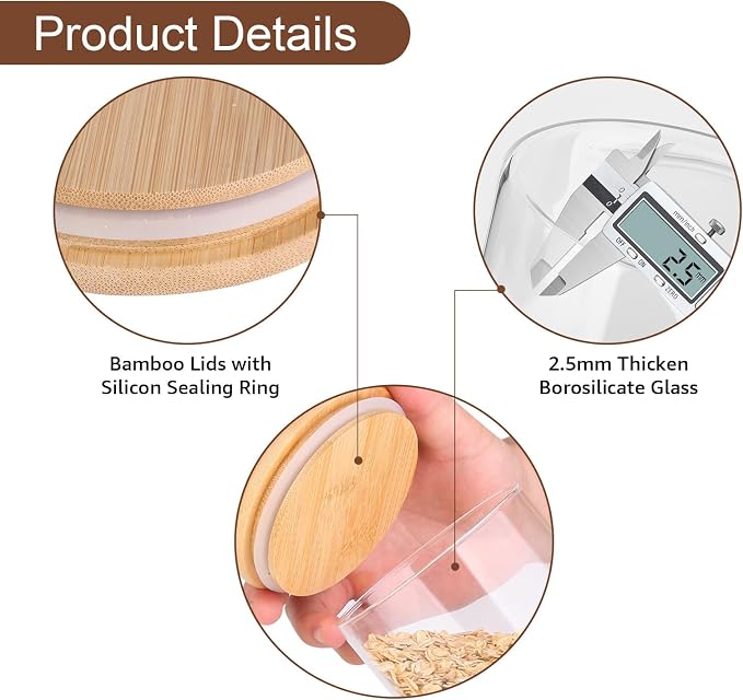 Glass Food Storage Jars, Food Containers with Airtight Bamboo Lids for Pasta, Cookies, Nuts, Coffee Beans, Cereal, Glass Canisters for Kitchen, Pantry Organization,Set of 5