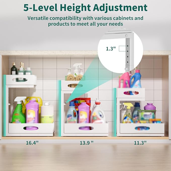 Under Sink Organizer, Extra-Wide Upgrade, 2 Pack 2 Tier Metal Slide Out Cabinet Organizer, Height Adjustable Organization and Storage Series, Bathroom/Cabinet/Kitchen organization, White