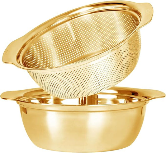 Paoli 304 Stainless Steel Fine Mesh Colander Set, 5QT Large Capacity Strainer with Mixing Bowl — Rinse Fruits, Veggies, Rice & Drain Pasta, Dishwasher Safe (2-Piece Gold)